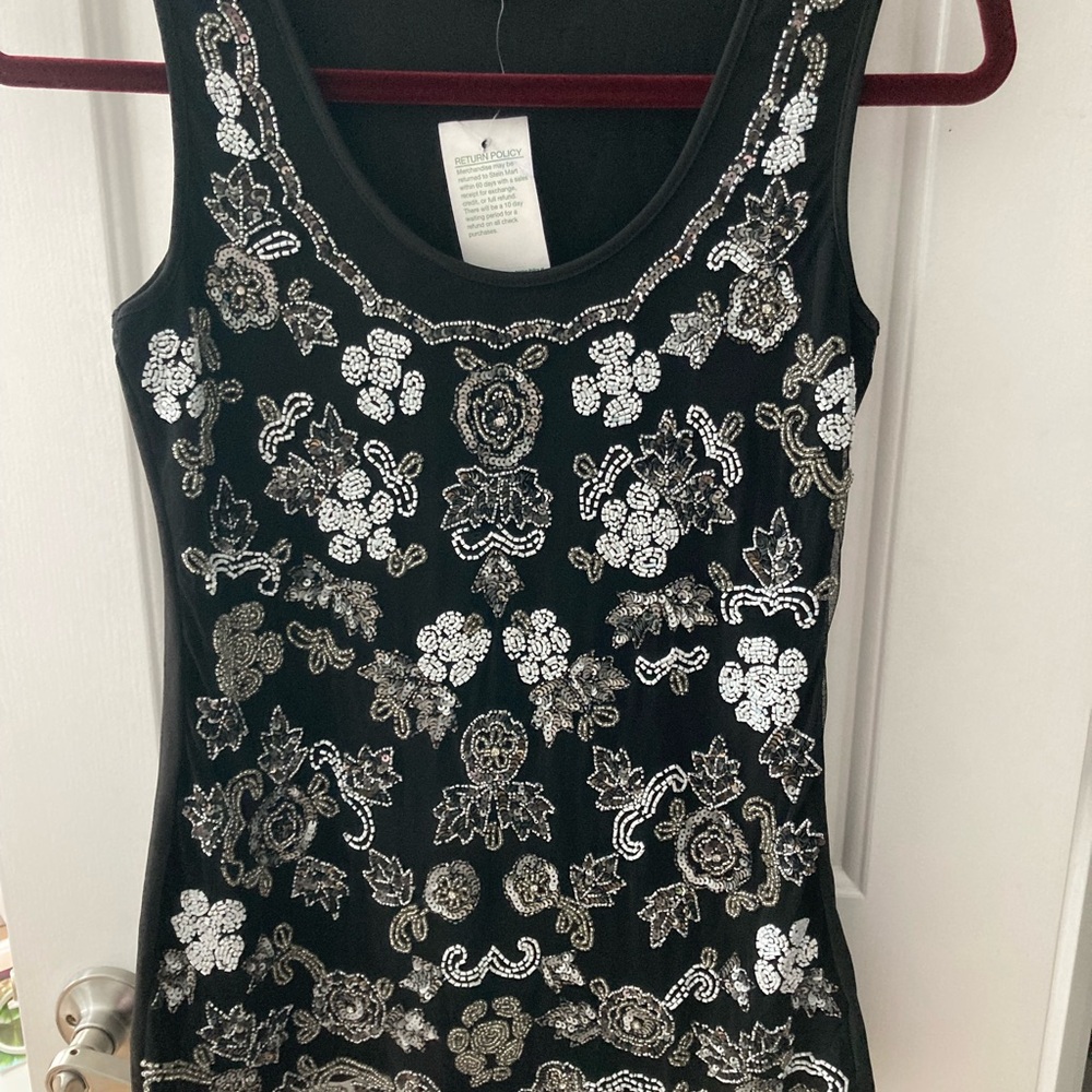 KYRA Women’s Sz S black sequined front over netting tank top NWT